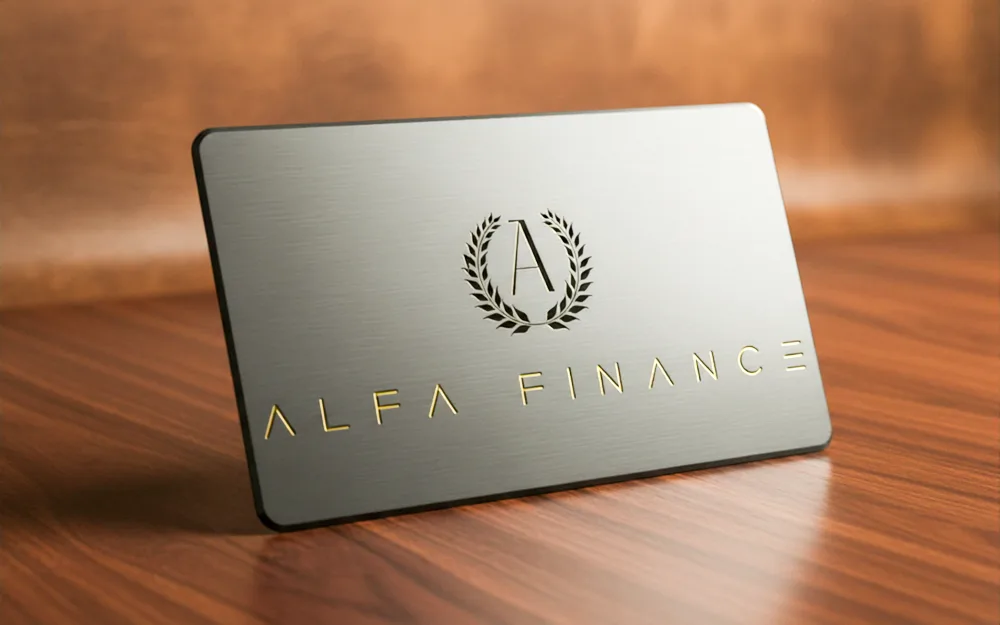 Metalowa wizytówka z logo Alfa Finance